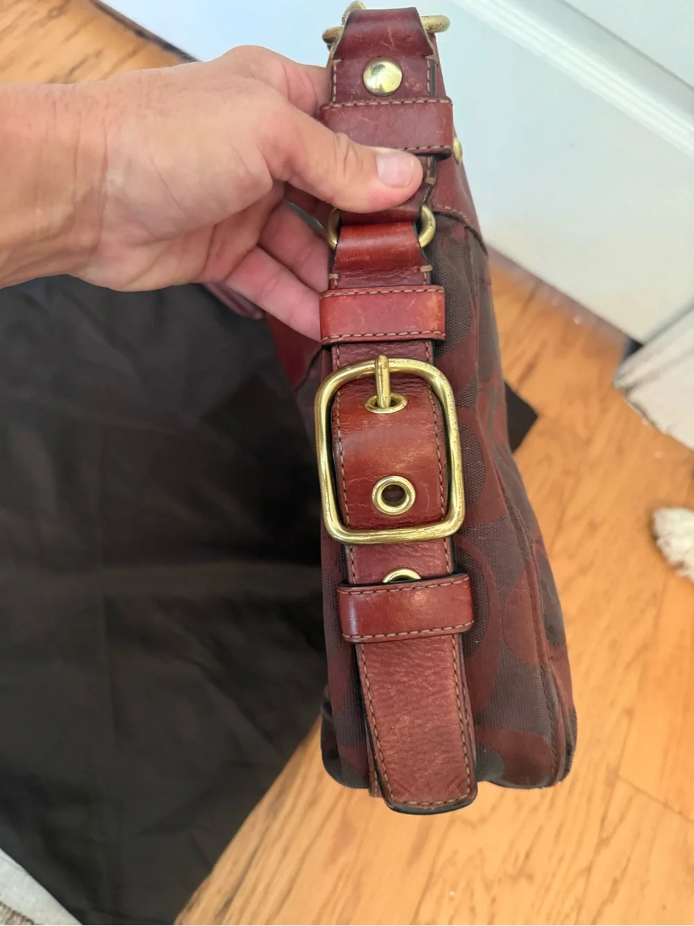 COACH Zoe Signature Burgundy Signature Canvas Shoulder Bag with Leather Trim